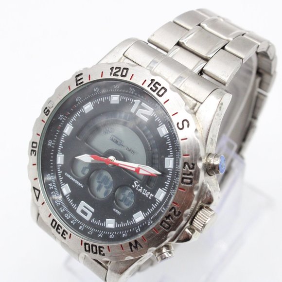 Stauer Chronograph & Digital Watch Mens Silver Tone Stainless Steel WR50 19093 - Picture 4 of 8